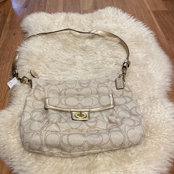 Coach Penelope Linen Signature Convertible Shoulder Bag NWT Gold Beige Sparkly - Picture 1 of 14